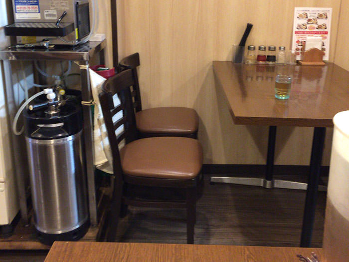 自分が座った席の後ろが壁で、そこから見た正面の席。このくらいの店舗サイズ。