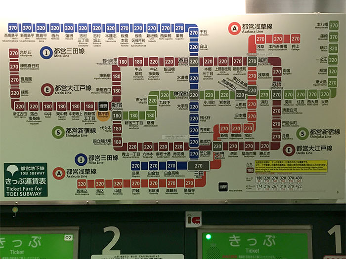 都庁前駅を起点にした場合、270円区間以内ならどこでも降りられます。